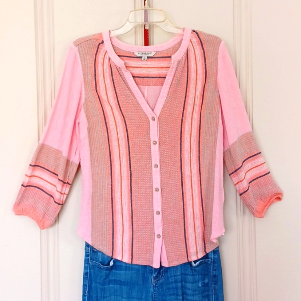 Liverpool - WM Button Down V-neck 100% Cotton Pink Striped 3/4 Sleeve Top